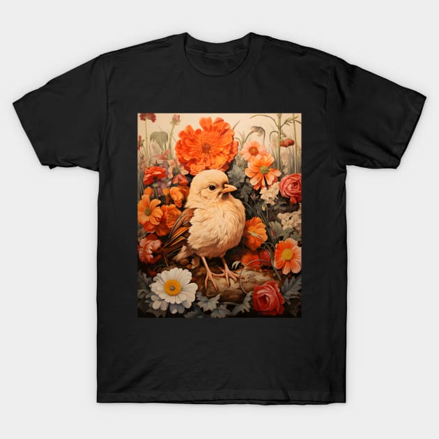 Retro Vintage Art Style Baby Chick surrounded in by Flowers - Whimsical Nature Design T-Shirt by The Whimsical Homestead